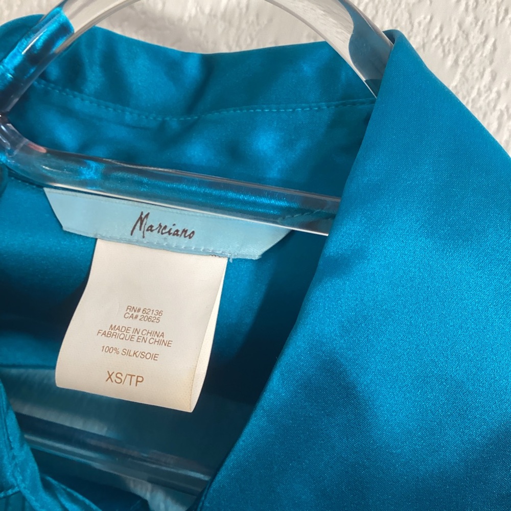 Marciano 100% Silk Sheer Panel Ocean Blue Short Sleeve Blouse, Size XS Y2K 90s - Picture 3 of 11
